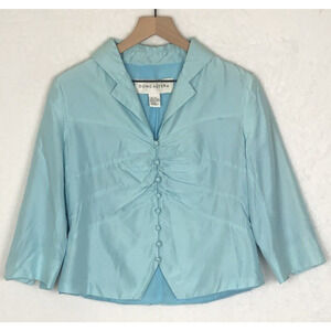 DONCASTER 100% Silk Top Sz M Aqua Blue‎ Button Lined 3/4 Sleeve Button Up Notch